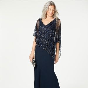 J Kara Beaded V-Neck Illusion-Overlay Gown Navy